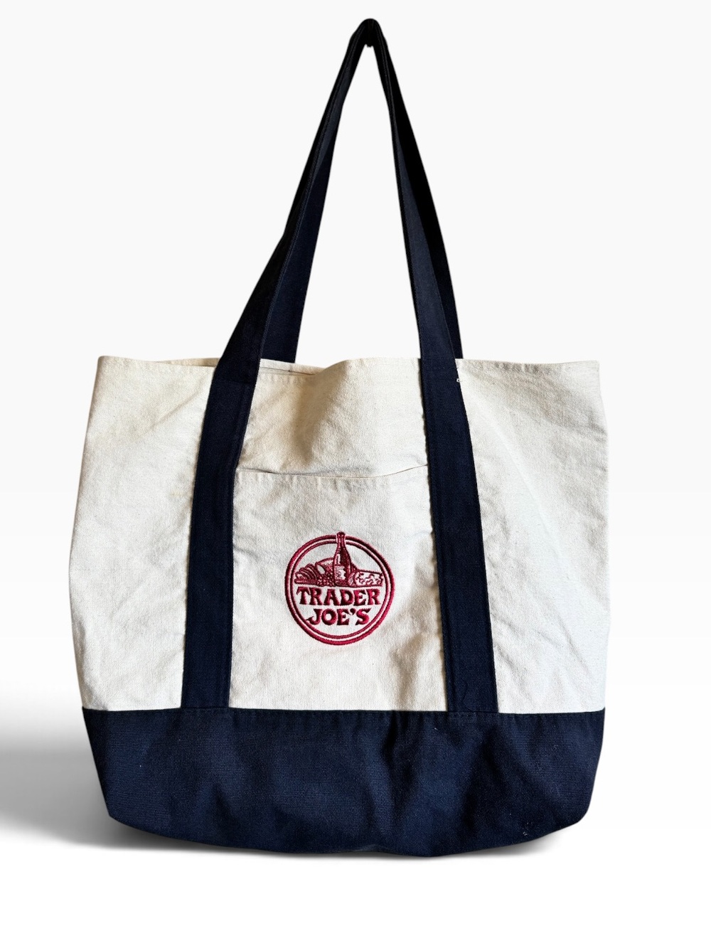 Trader Joe's White and Navy Canvas Tote Bag with Logo